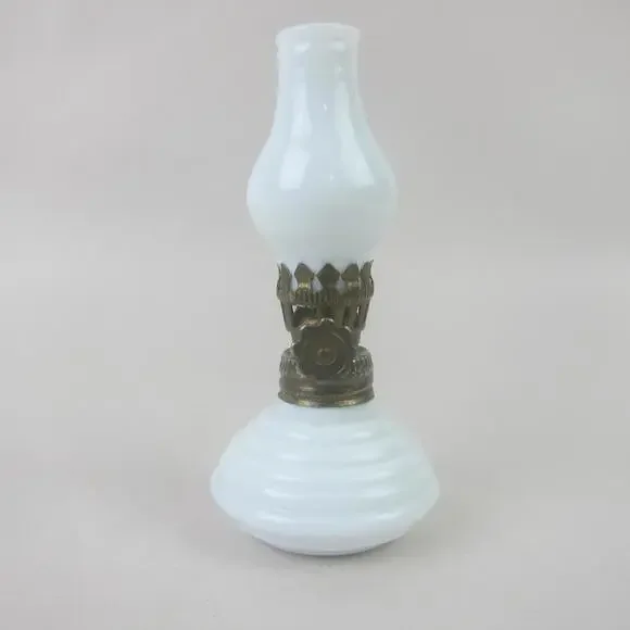 Antique Miniature Oil Lamp White Milk Glass Chimney & Beehive Base 4.5 Tall